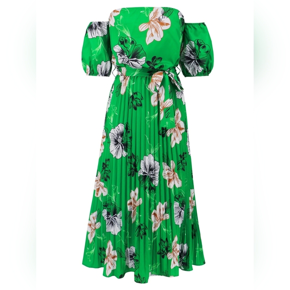 Pleated Floral Off-Shoulder Short Sleeve Midi Dress - Picture 5 of 7